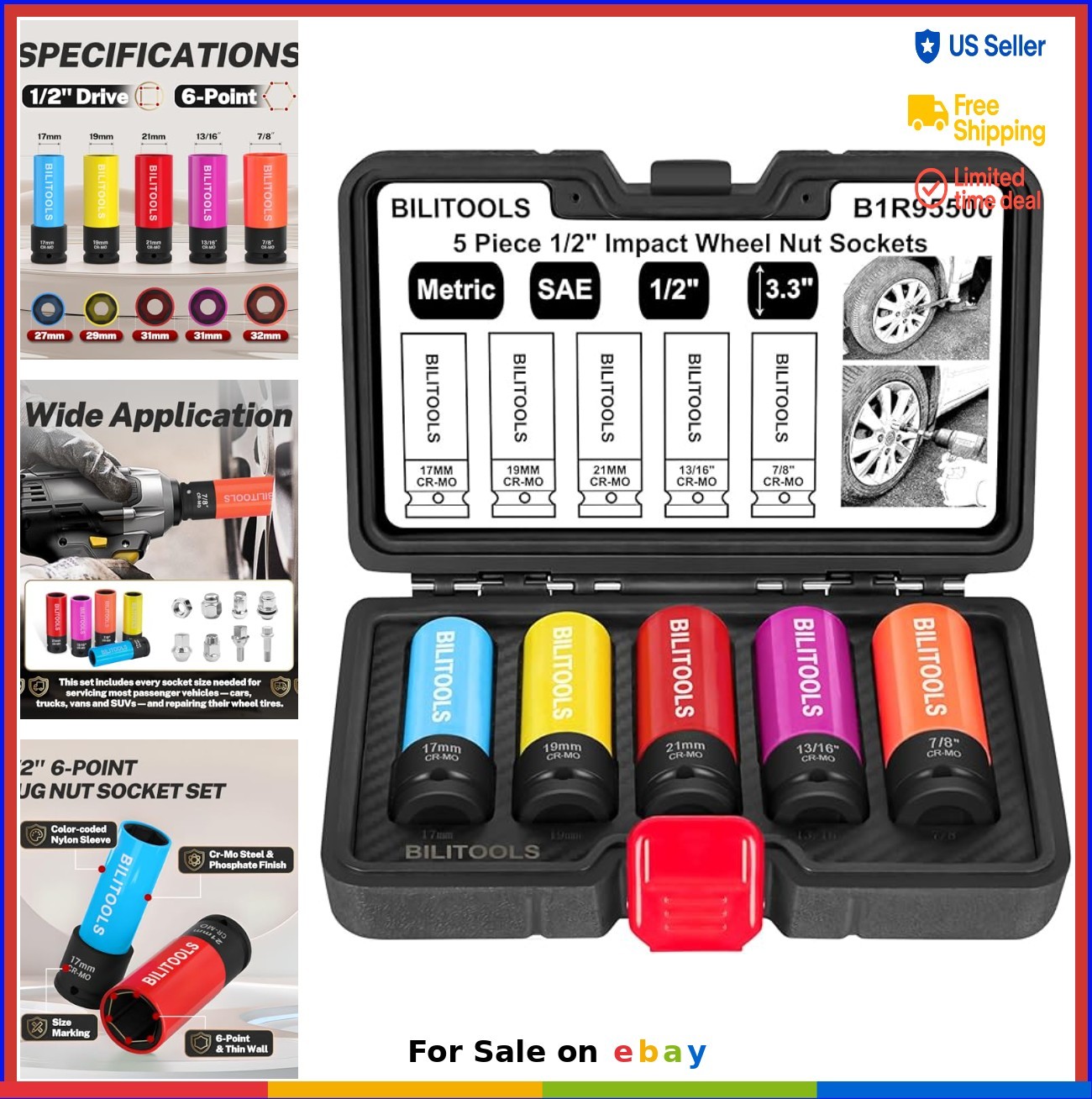 Impact Lug Nut Socket Set 1/2 Inch Drive 17mm 19mm 21mm 13/16 7/8 Non Marring