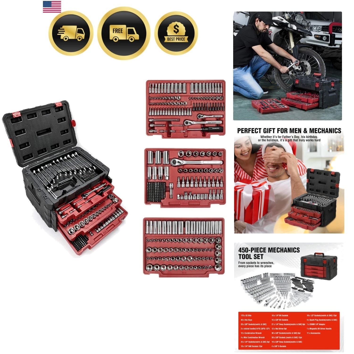 450-Piece Drive Socket Set 1/2″ 1/4″ 3/8″, CR-V Metric and Imperial with Quic…
