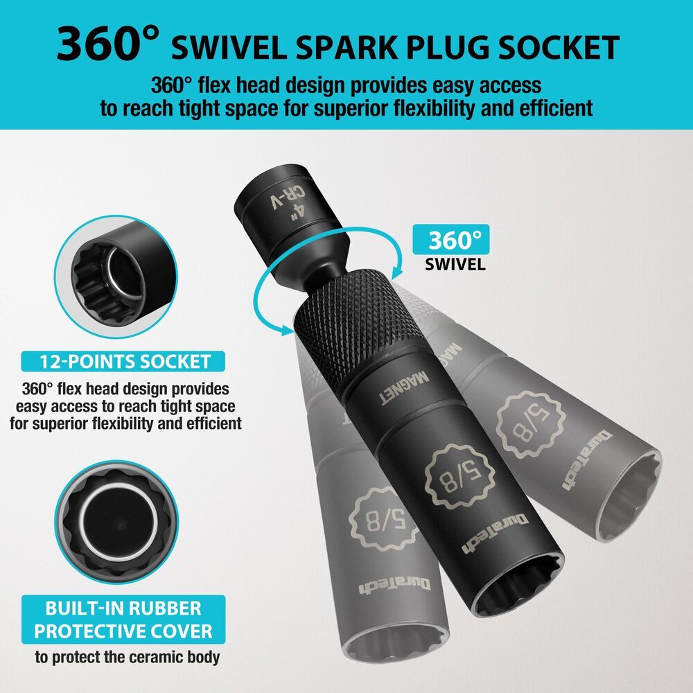 DURATECH 5/8″ Swivel Magnetic Spark Plug Socket 1MM Thin Wall 3/8″Drive x4″ 12PT