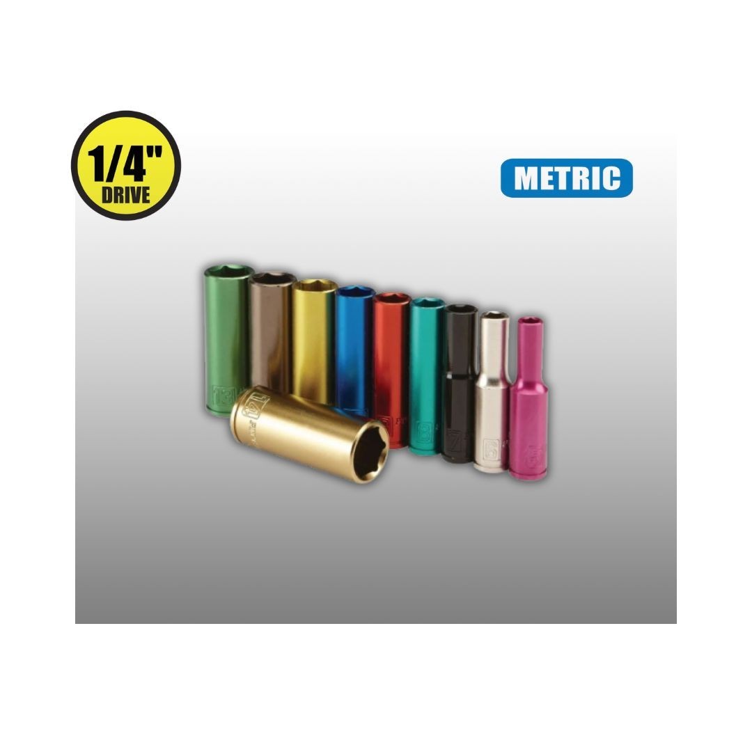 Metric 10 PC 1/4″ Deep Drive Color Coded Metric Deep Socket Set