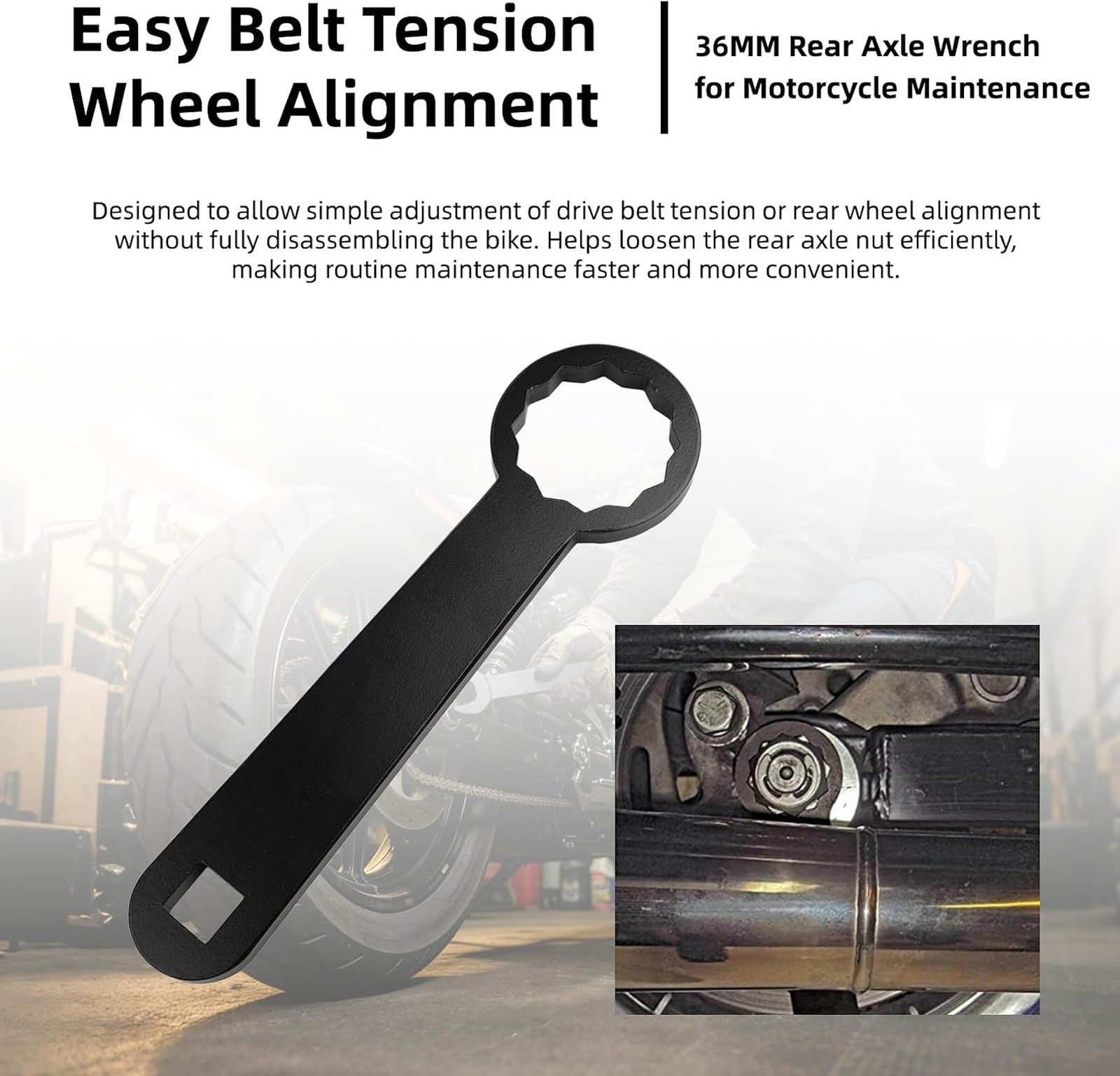 Rear Axle Wrench 36mm Steel 1/2 Inch Square Drive Compatible with Harley Bikes