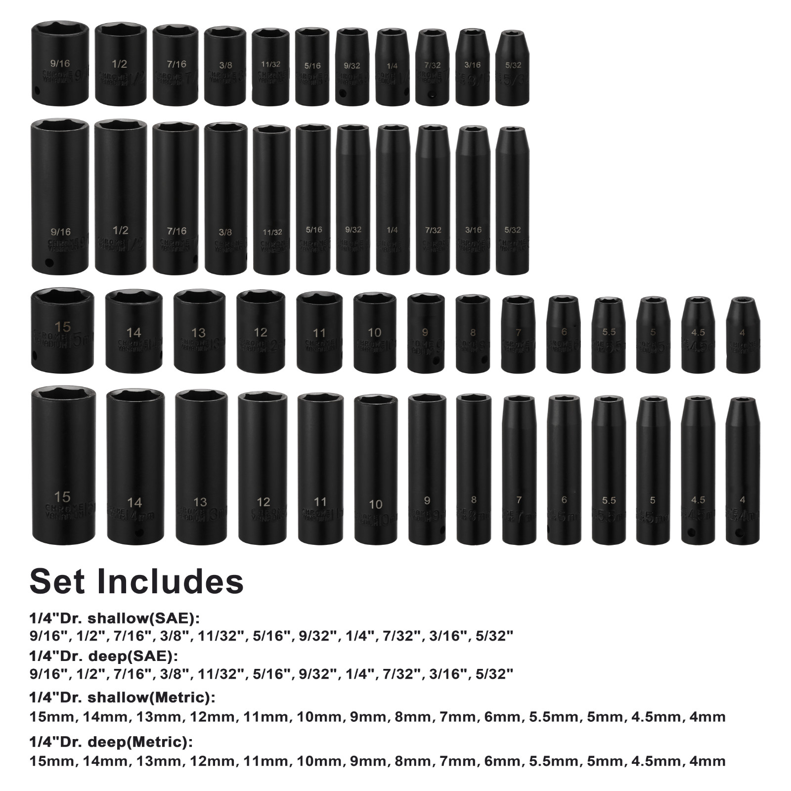 50PCS 1/4″ Drive Master Impact Socket Set 6-Point SAE/Metric 5/32 Inch