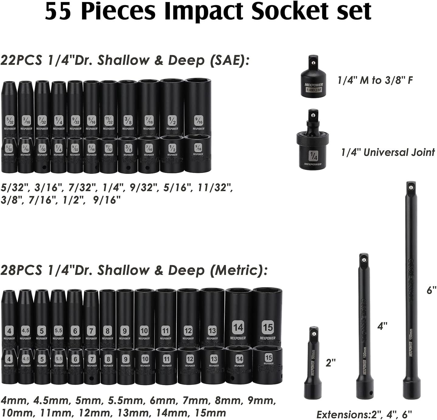 Versatile Impact Socket Set – 55 Pieces, 1/4″ Drive, SAE/Metric Sizes Included