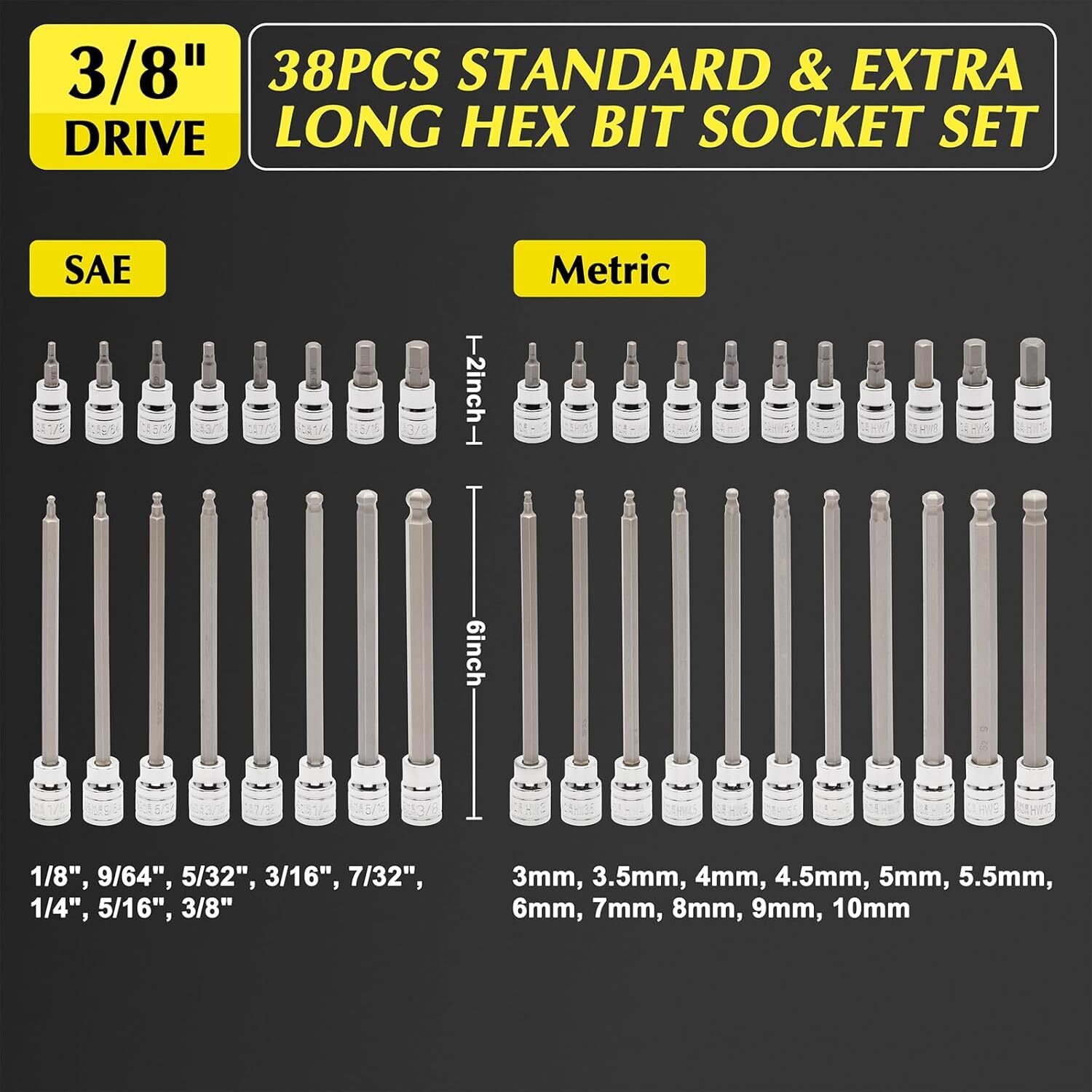 38PCS 3/8″ Drive Hex Bit Socket Set CR-V S2 Steel SAE/Metric Extra Long Ball-End