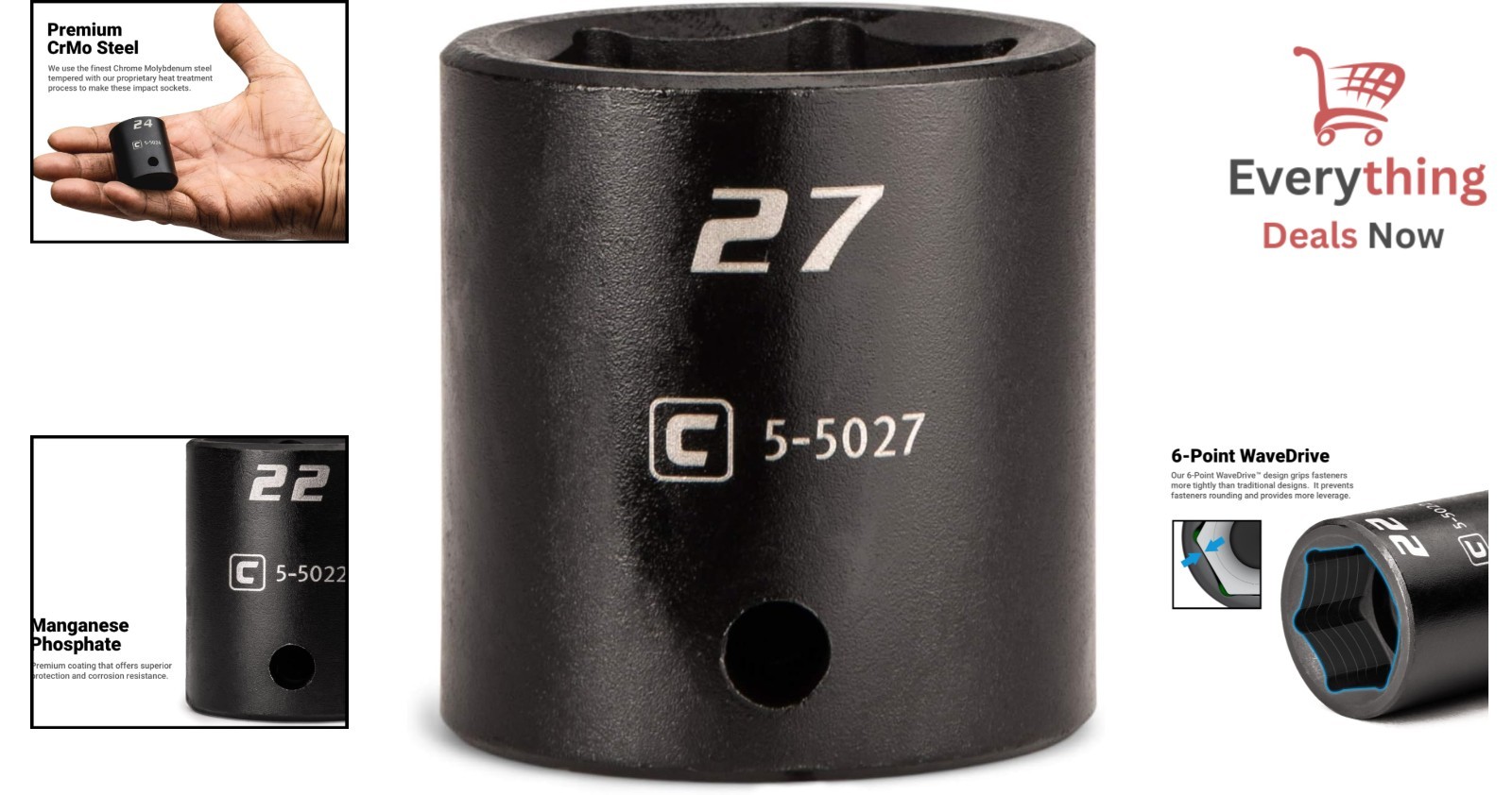 Shallow Impact Socket 1/2″ Drive 6-Point 27mm Metric Chrome Molybdenum Steel