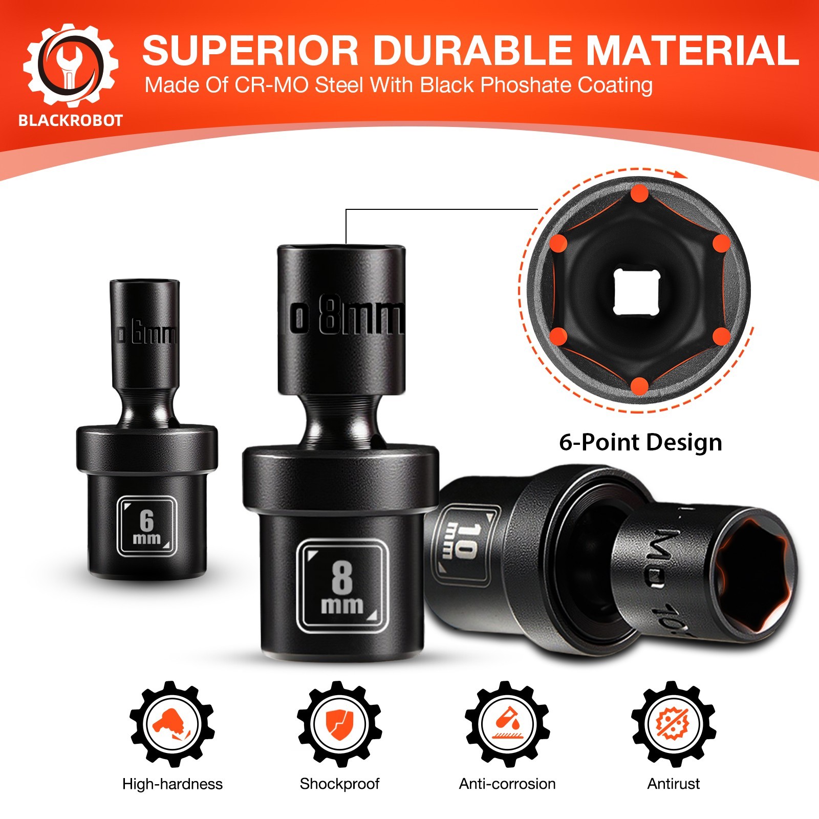 1/4″ Drive Universal Impact Socket Set, 16-Pcs Metric Size (5, 5.5, 6-15mm)
