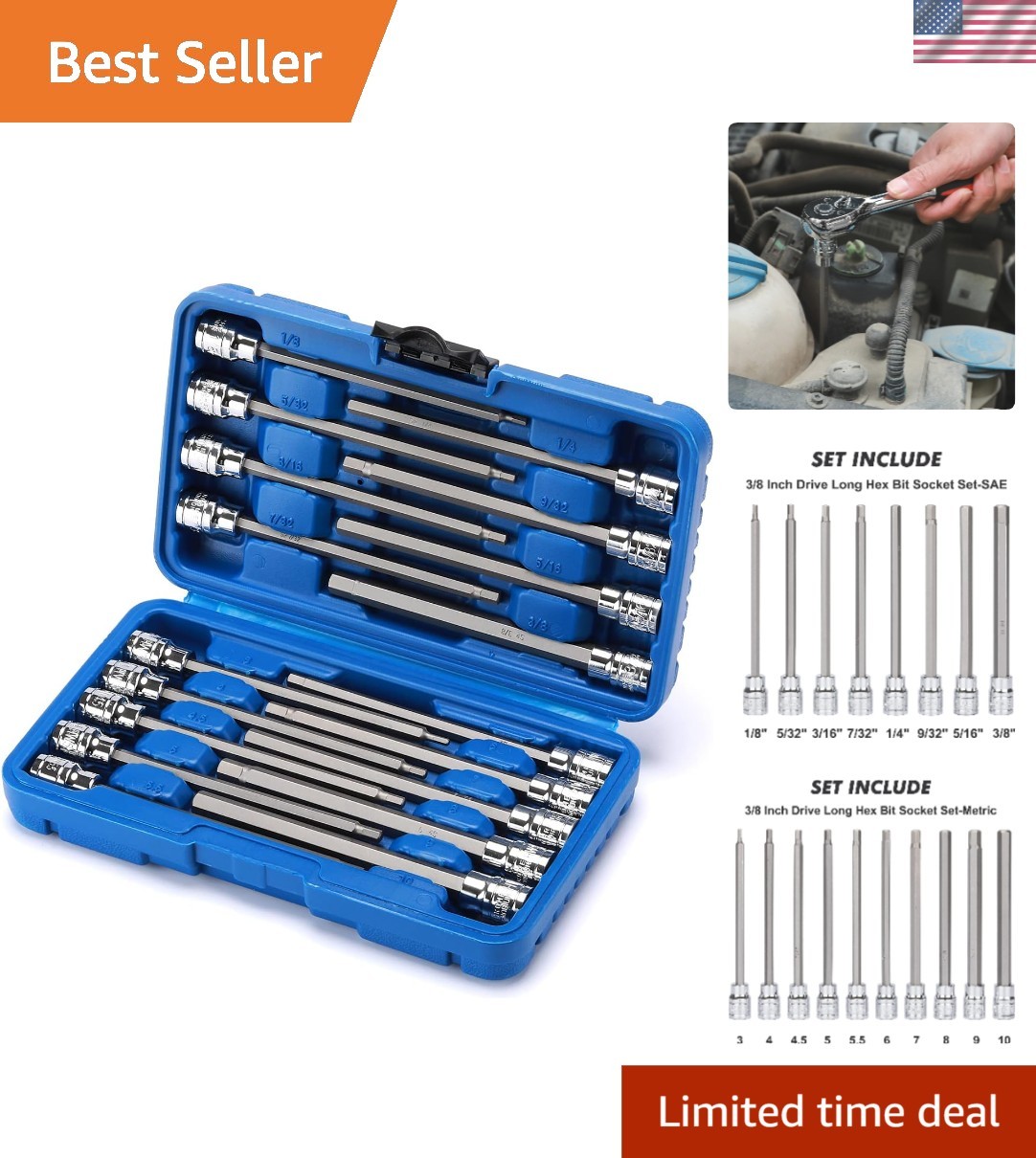 Professional 3/8 Inch Drive Long Hex Bit Set – 18 Pieces with Handy Storage Case
