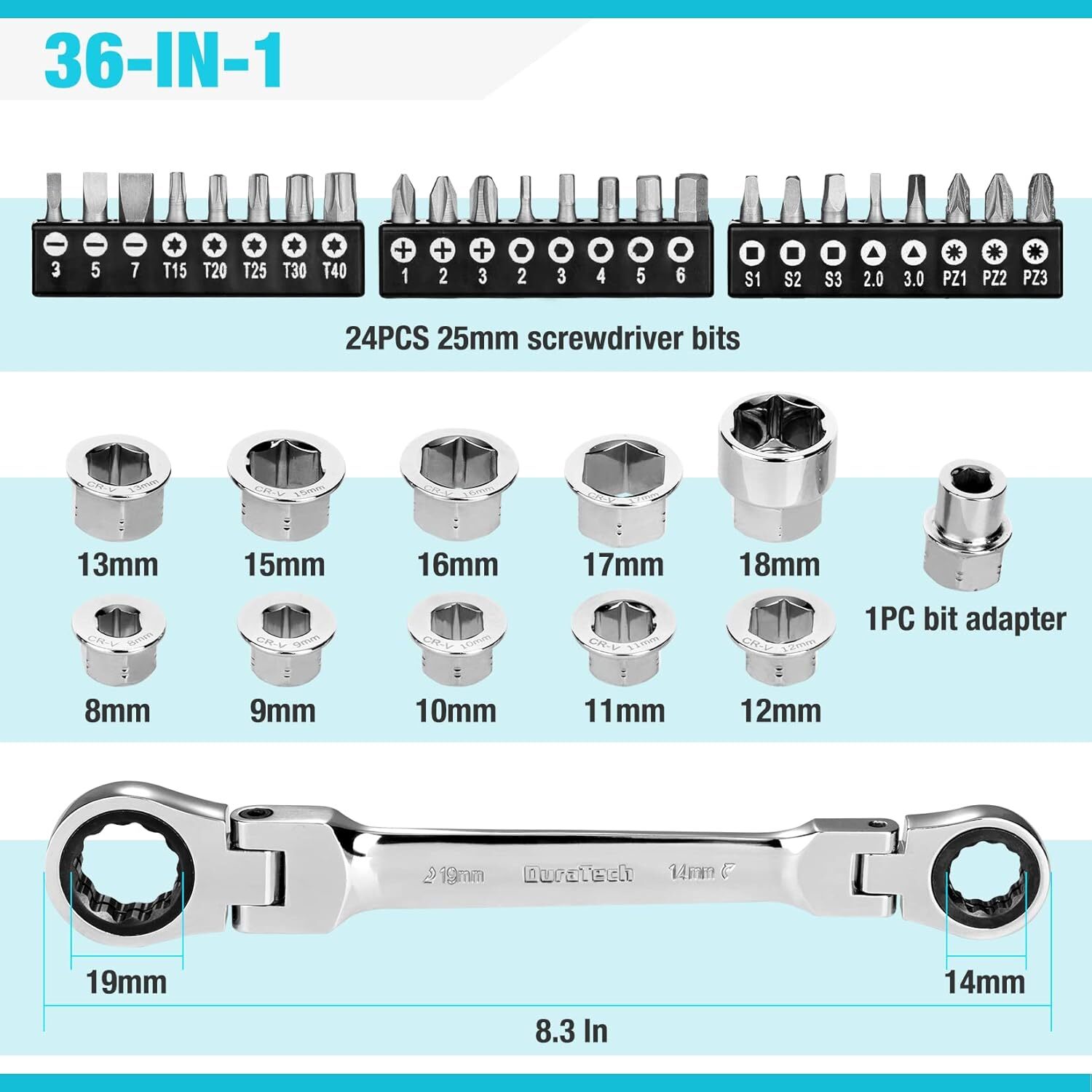 DURATECH 12-in-1 Flex-Head Ratcheting Wrench Set & 24-in-1 Mirror Finish