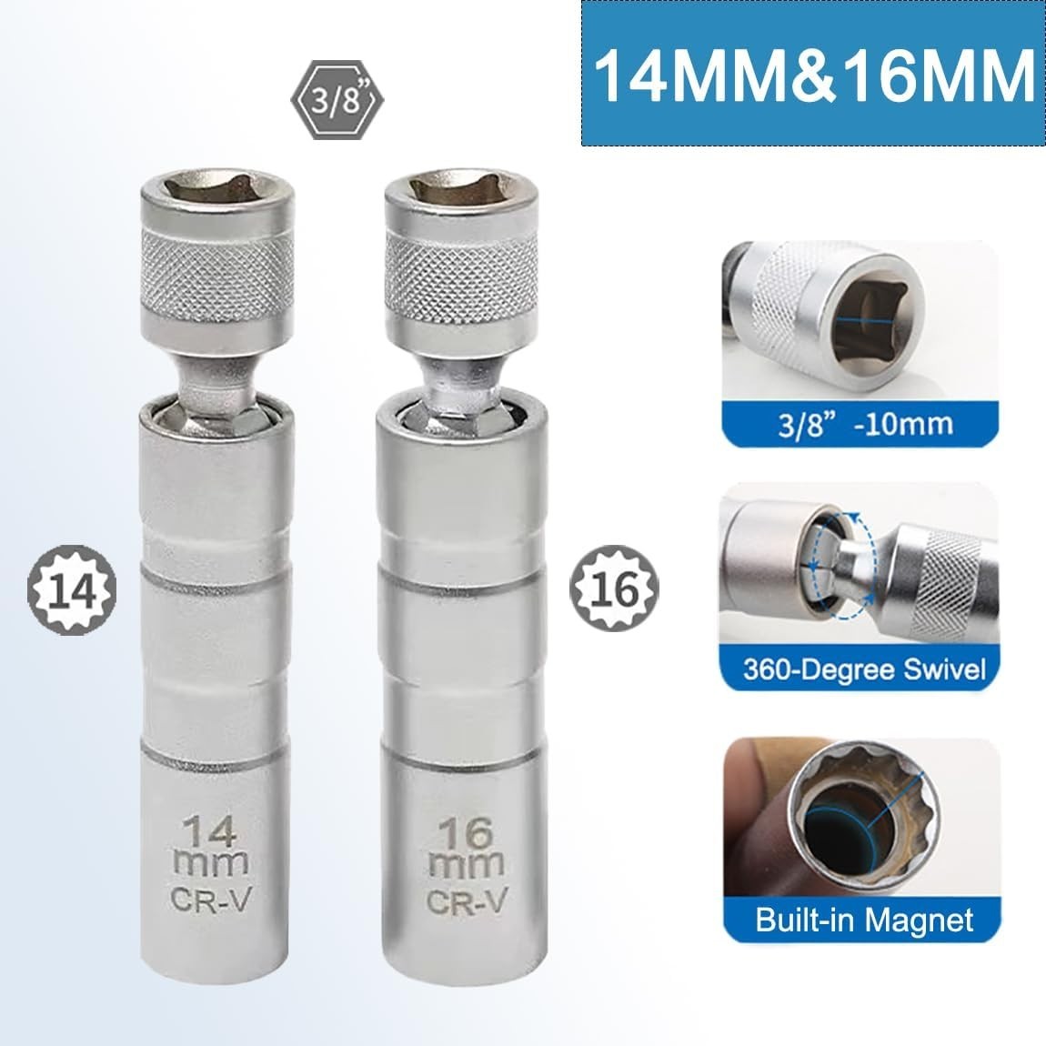 2PC Magnetic Swivel Spark Plug Socket Set – 14mm & 16mm, 360-Degree Design