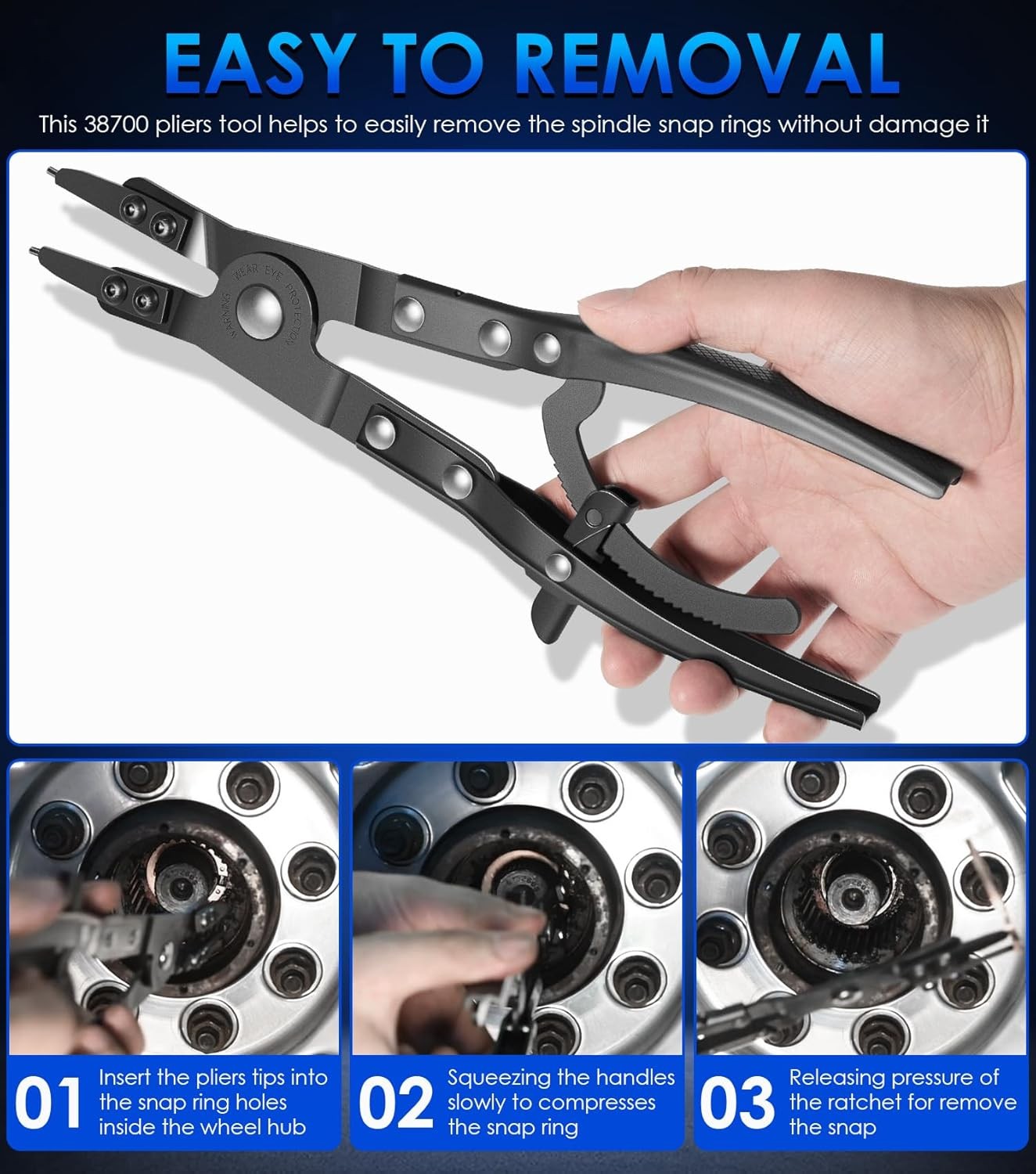Spindle Snap Ring Pliers 38700 for Ford Super Duty Pickups 2-1/2″ inside hub dia