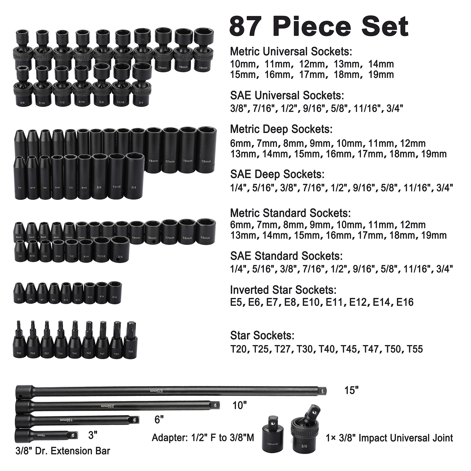 87 Pcs 3/8″ Drive Master Impact Socket Set Cr-MO Steel 1/4″-3/4″, 6mm-19mm