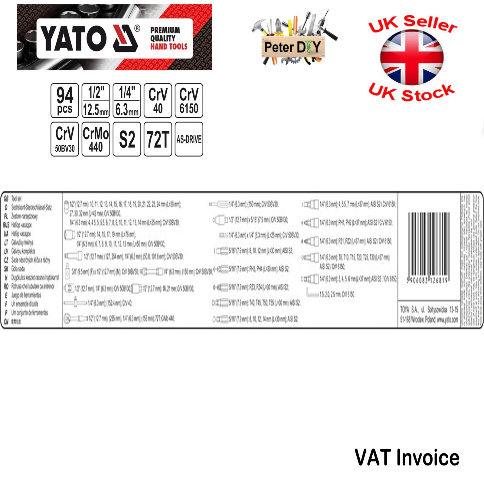 Yato Professional Toolbox 94 PCS Ratchet SOCKET SET AS-DRIVE 1/2 1/4 YT-12681