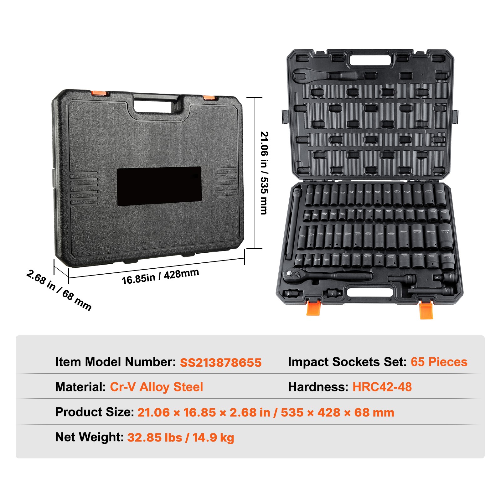 65-Piece 1/2in Drive Impact Socket Set Cr-V Steel 6-Point Auto Repair Tool Kit