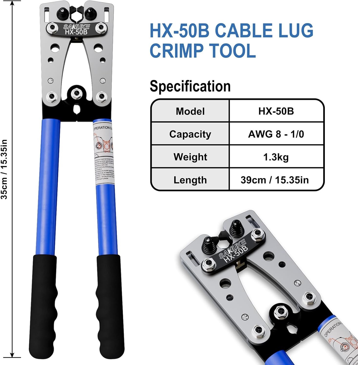 Sanuke Battery Cable Lug Crimping Tool Kit for AWG 8-1/0 Silver, Blue, Black