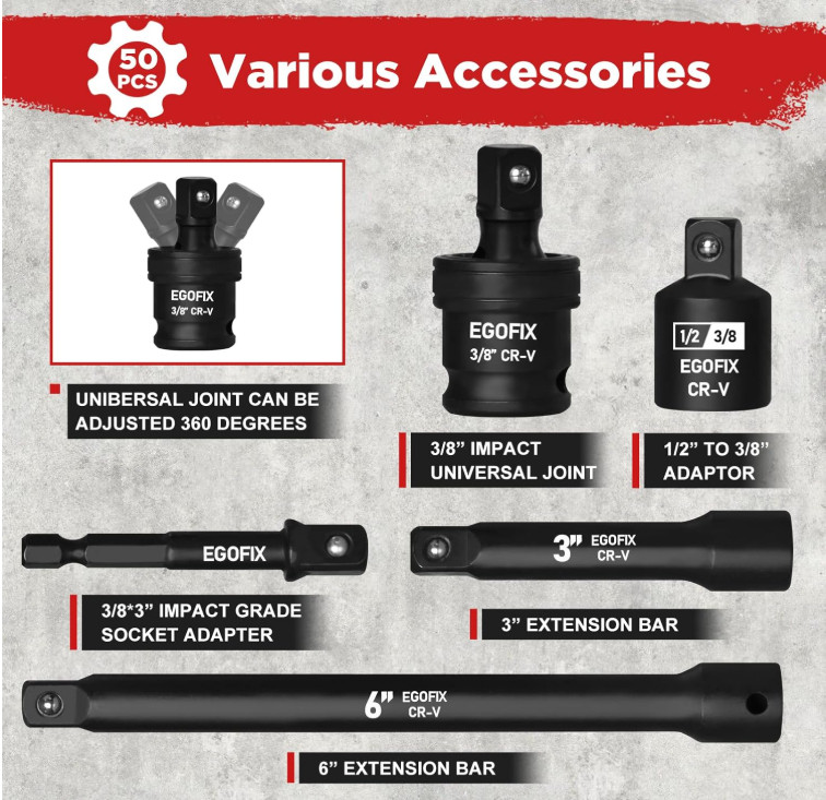 3/8″ Drive Impact Socket Set, 50 Piece Standard SAE (5/16 to 3/4 inch)and Metric