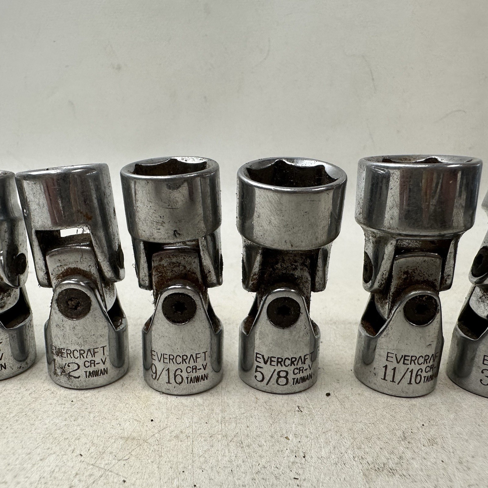 Evercraft SAE Swivel Sockets 12 Point Lot Of 7 3/8” 7/16” 1/2” 9/16” 5/8” 11/16”