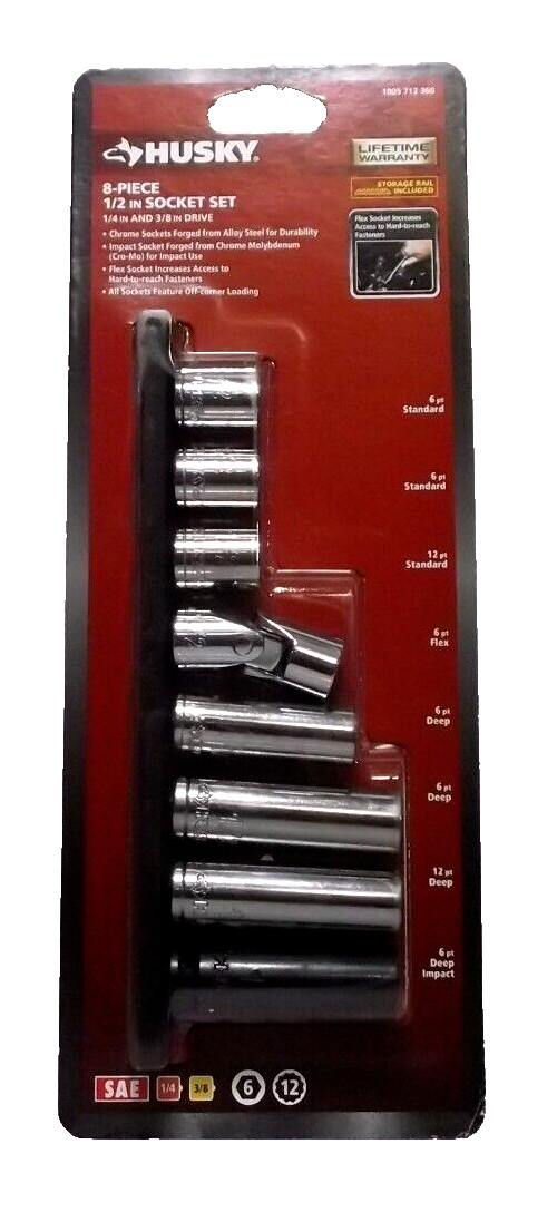 Husky 8 Piece SAE 1/2 in. Socket Set 1/4 in. and 3/8 in. Drive NEW