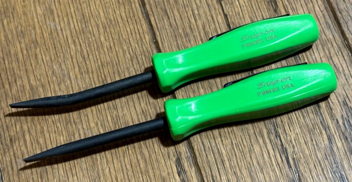 🆕 Snap on Tools GREEN 5″ Straight Bent Curved Mini Pocket Clip Pry bar Set Lot
