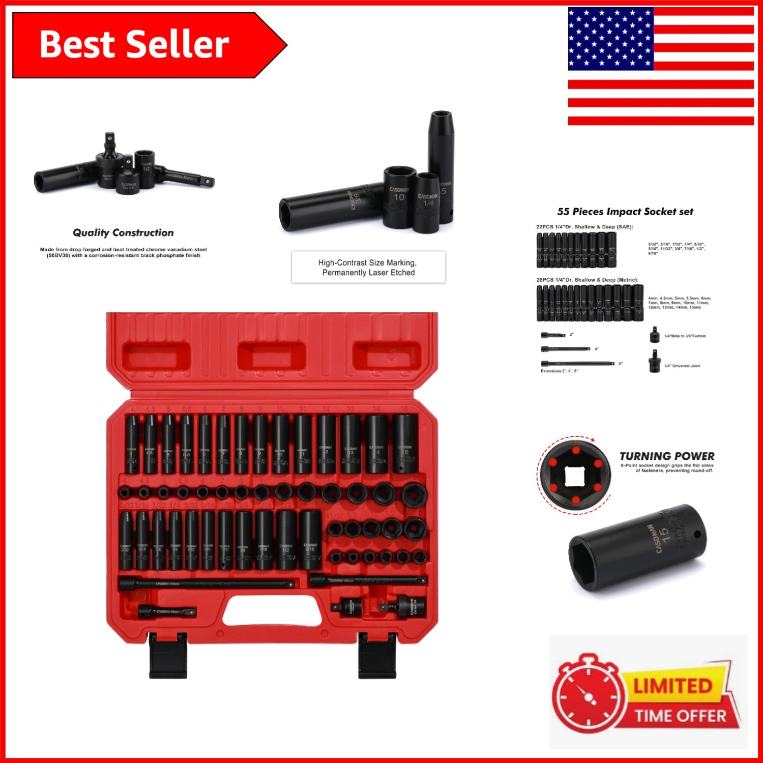 Versatile 55PC 1/4″ Drive Impact Socket Set – Deep & Shallow Sockets Included
