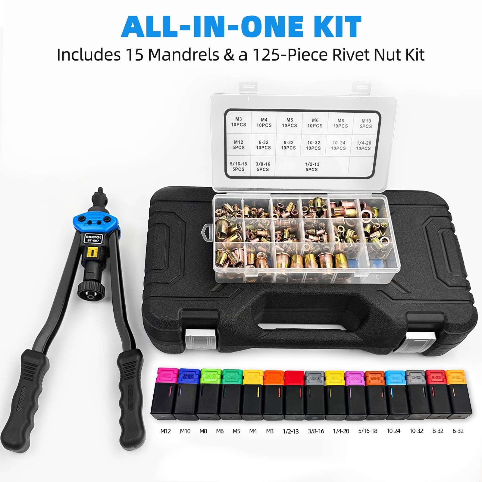 Rivet Nut Tool Kit 16 125-PCS Metric SAE Mandrels Carrying Case AKKTOL Rivnut