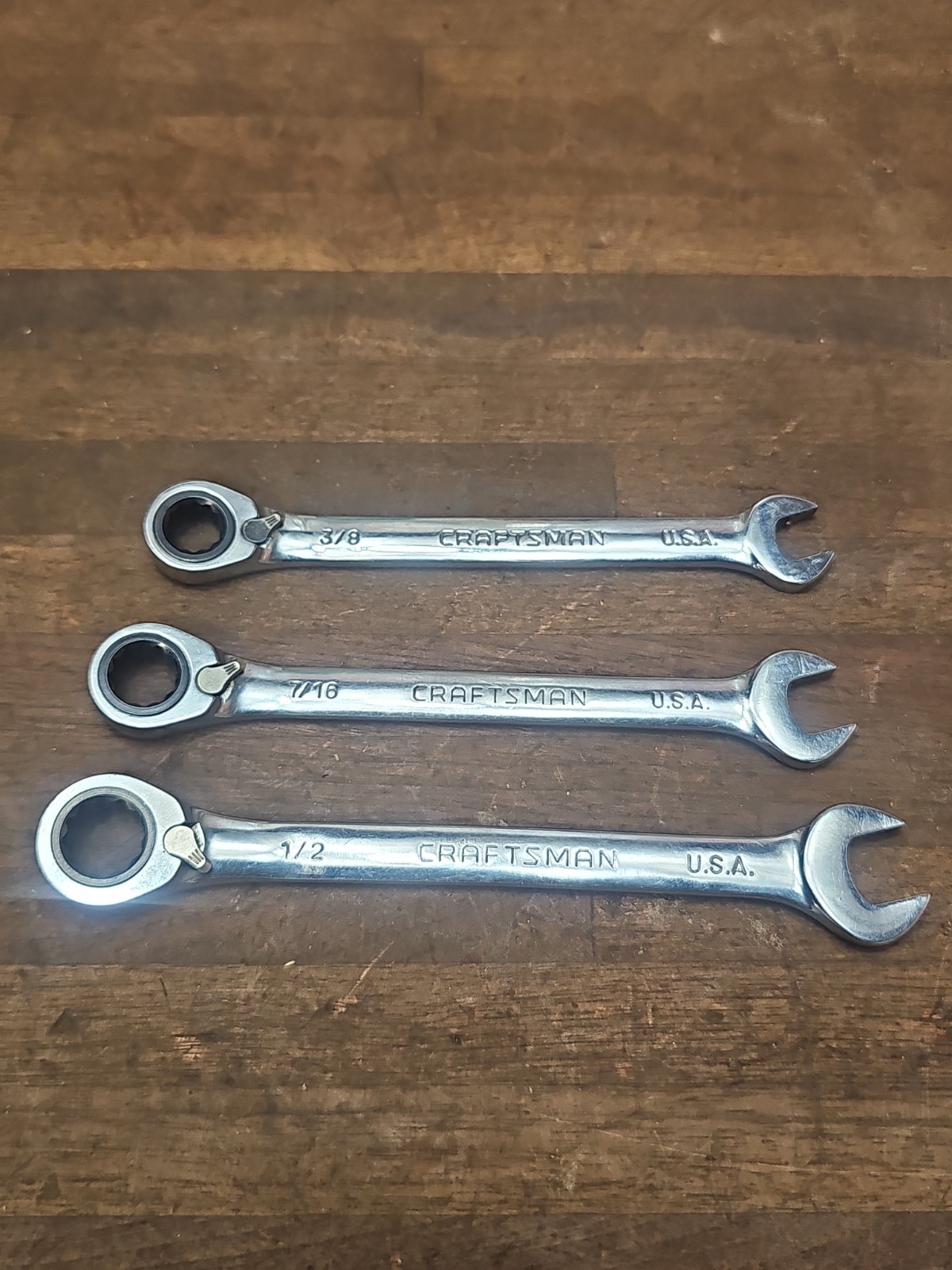 A128- 3 CRAFTSMAN -GK- USA SAE REVERSIBLE RATCHETING WRENCHES – 3/8 7/16 1/2