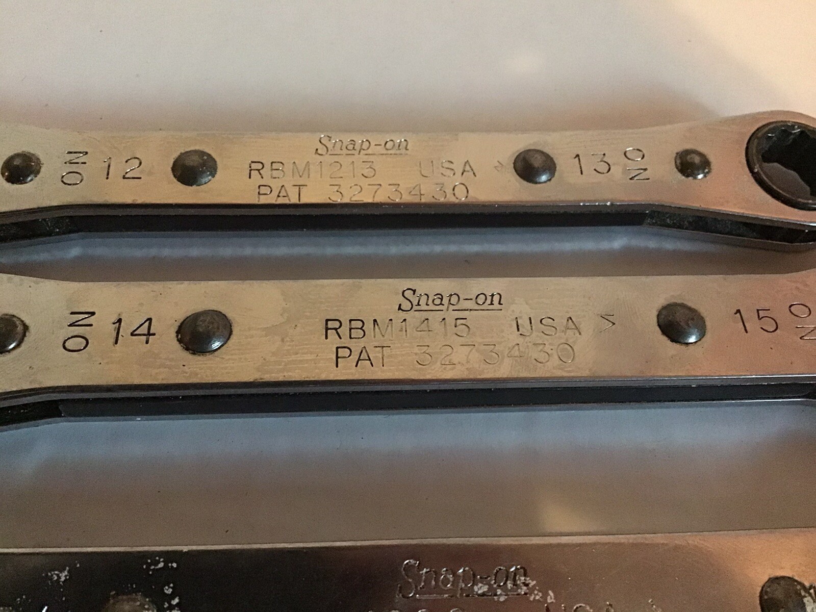 Snap on 4 double box end ratchet wrenchs 12,13,14,15 mm 1/2, 9/16, 3/4, 13/16