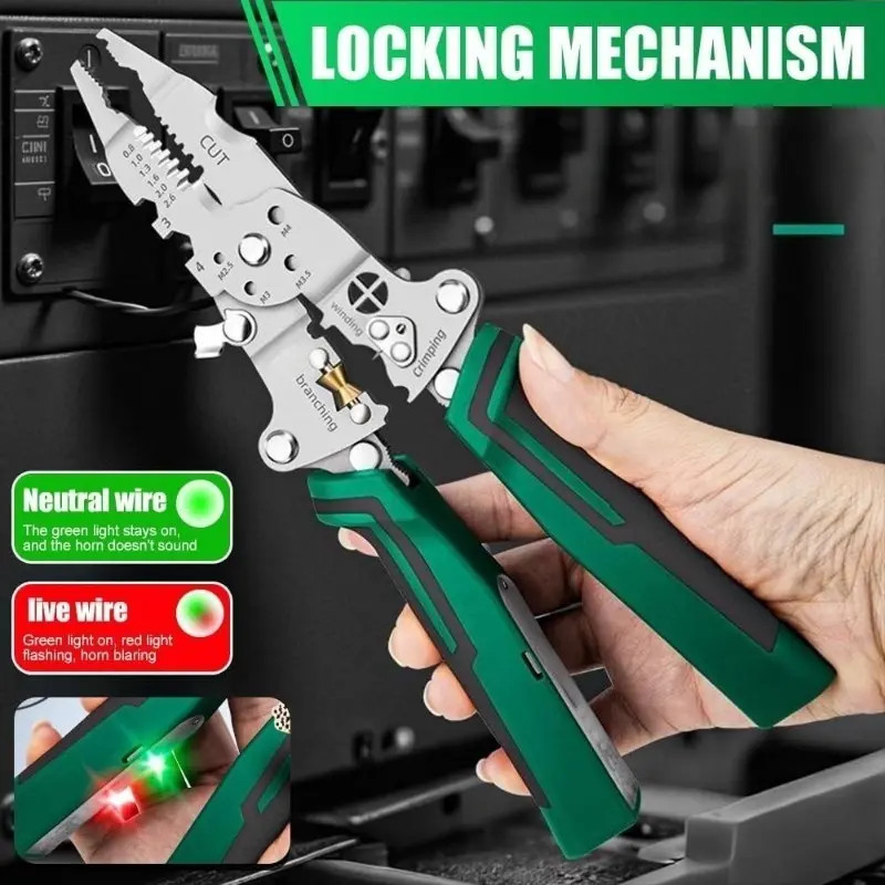 16-in-1 Rechargeable Wire Stripper Pliers Voltage Tester 12-250V Green