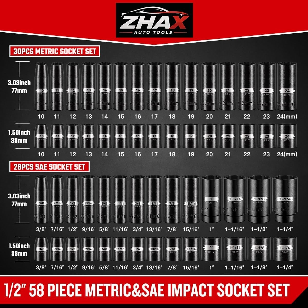 66 PCS 1/2 Inch Drive Impact Socket Set, SAE (3/8″-1-1/4″) & Metric (10-24mm)