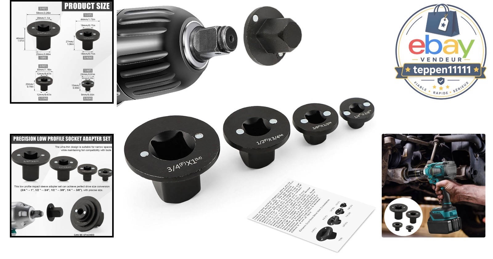 Low Profile Socket Adapter Set 4 Pcs Ratchet Drive Tight Spaces