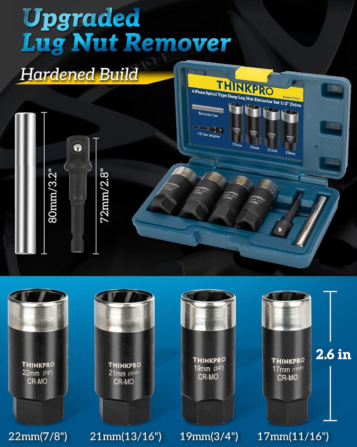 Locking Lug Nut Removal Tool Set – 6-Piece Deep Extractor Kit for Stripped Nuts