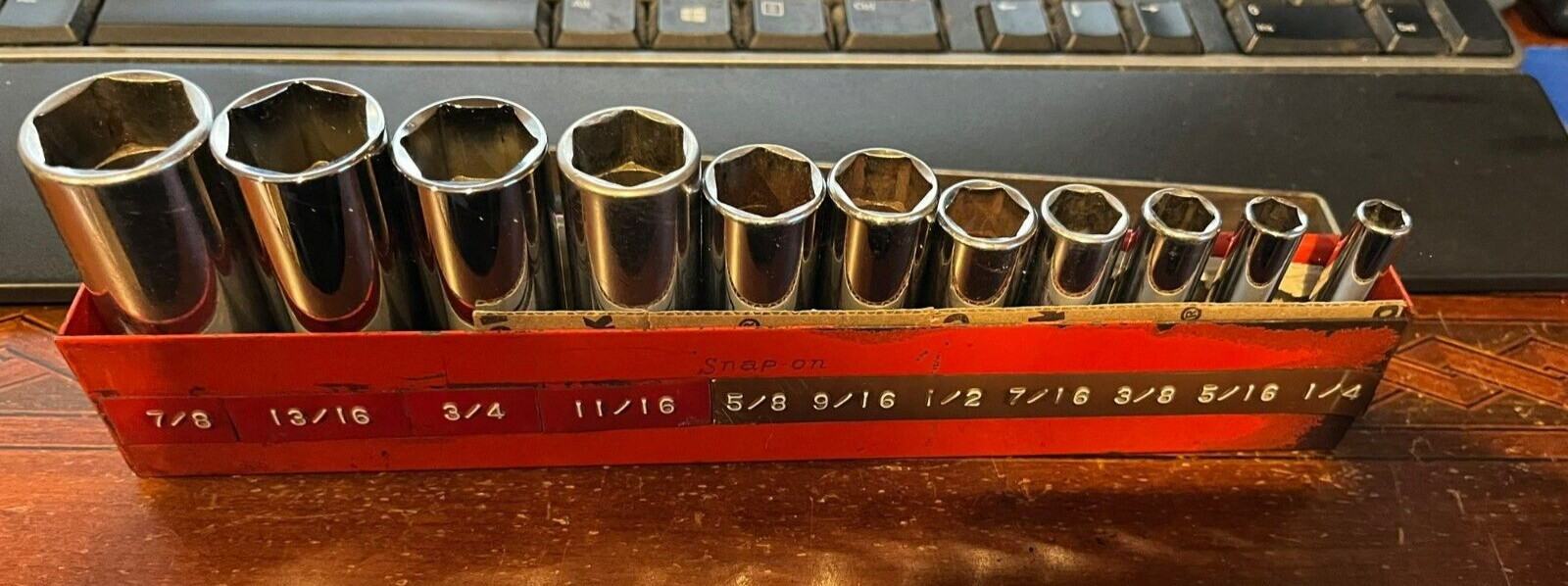 Snap-on 11Pc SAE 3/8″ Drive Deep Socket Set 1/4″ 7/8″ 6Pt 211SFSY w/ MetalTray
