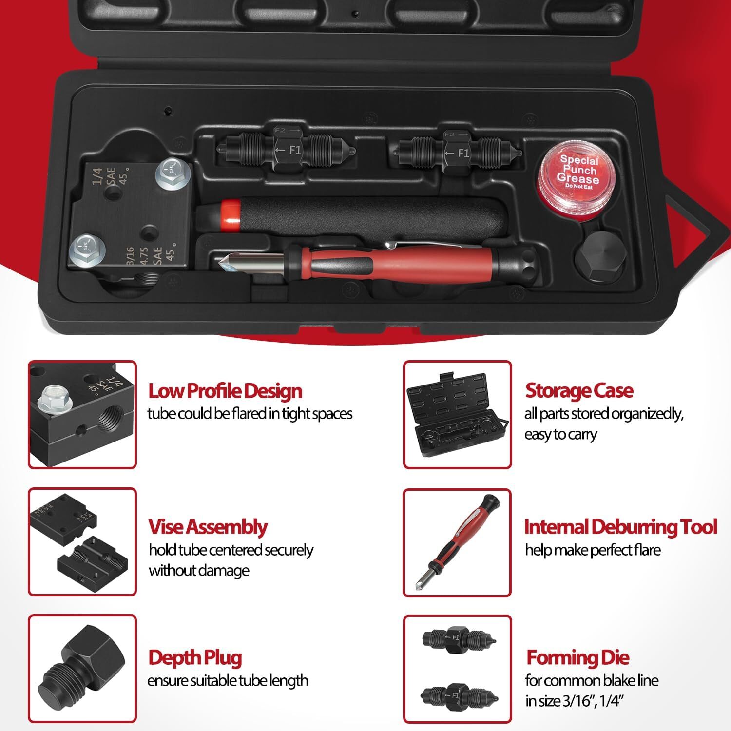 33260 Low Profile Brake Line Single/Double Flaring Tool Kit For 4.75, 3/16, 1/4