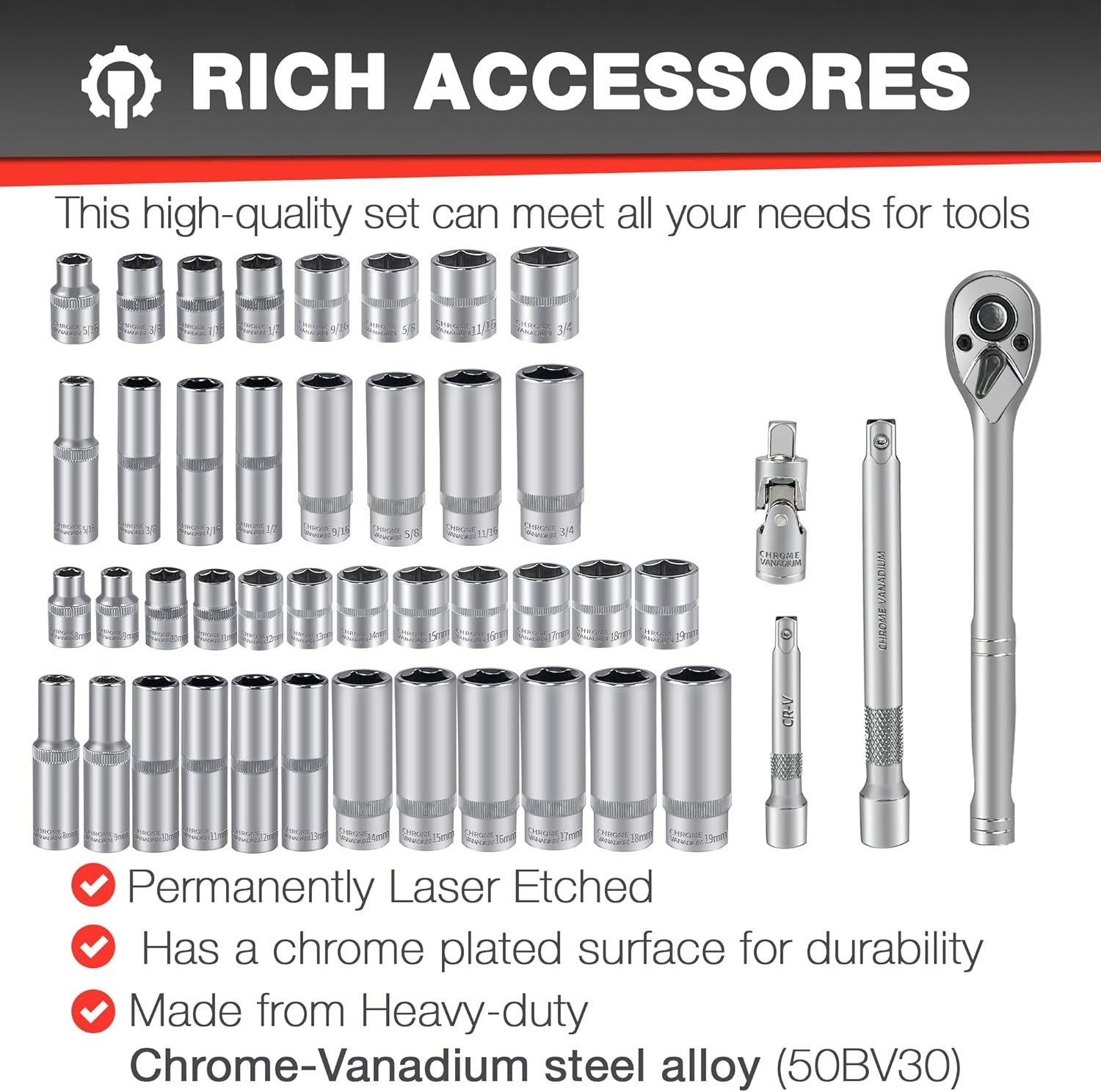 44pcs Impact Socket Set 3/8″ Drive SAE Metric Deep Shallow CR-V Steel
