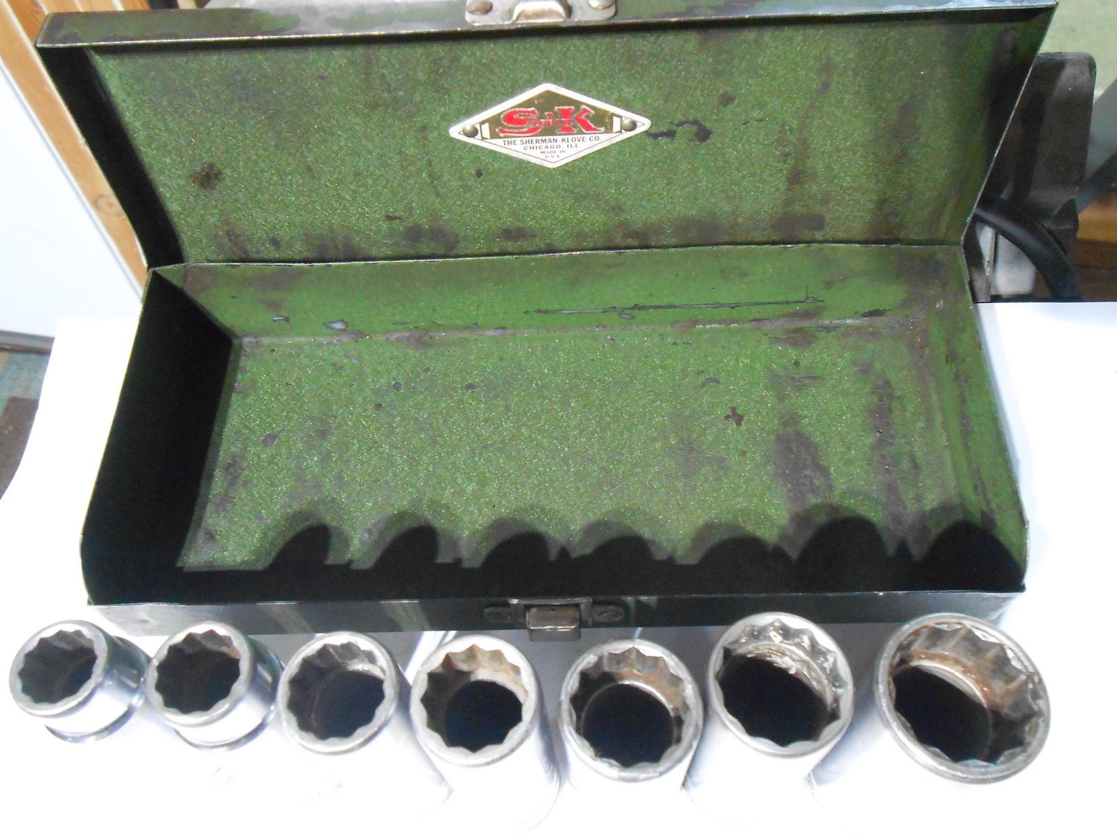 Vintage SK 1/2″ Drive Deep Knurled Socket Set 7pc + Box Sherman Klove S-K USA