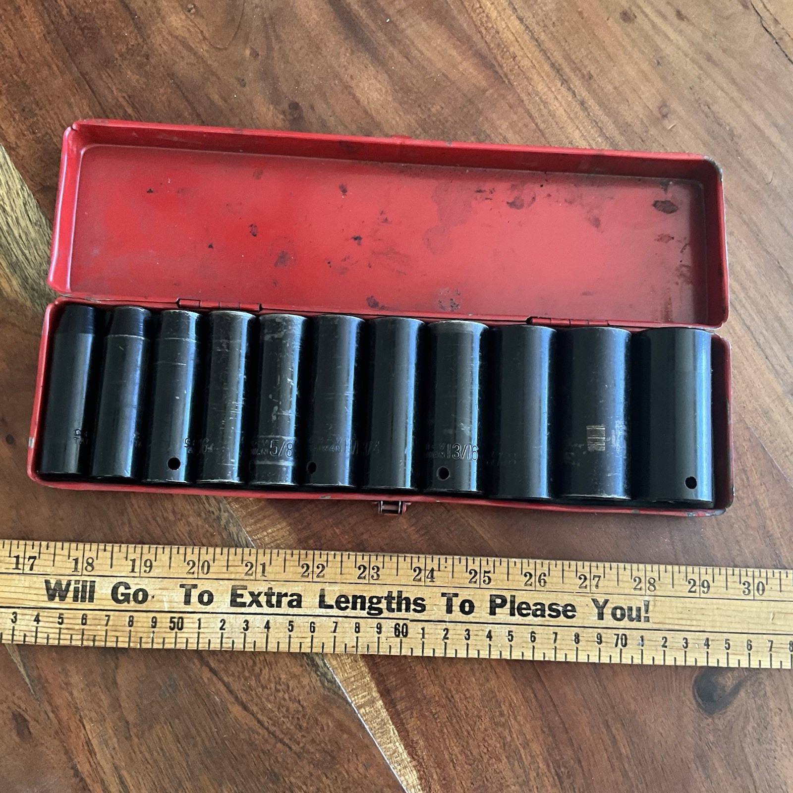 Vintage 11 Piece 1/2″ Square Drive Deep Impact Socket Set w Case 1″ to 3/8″