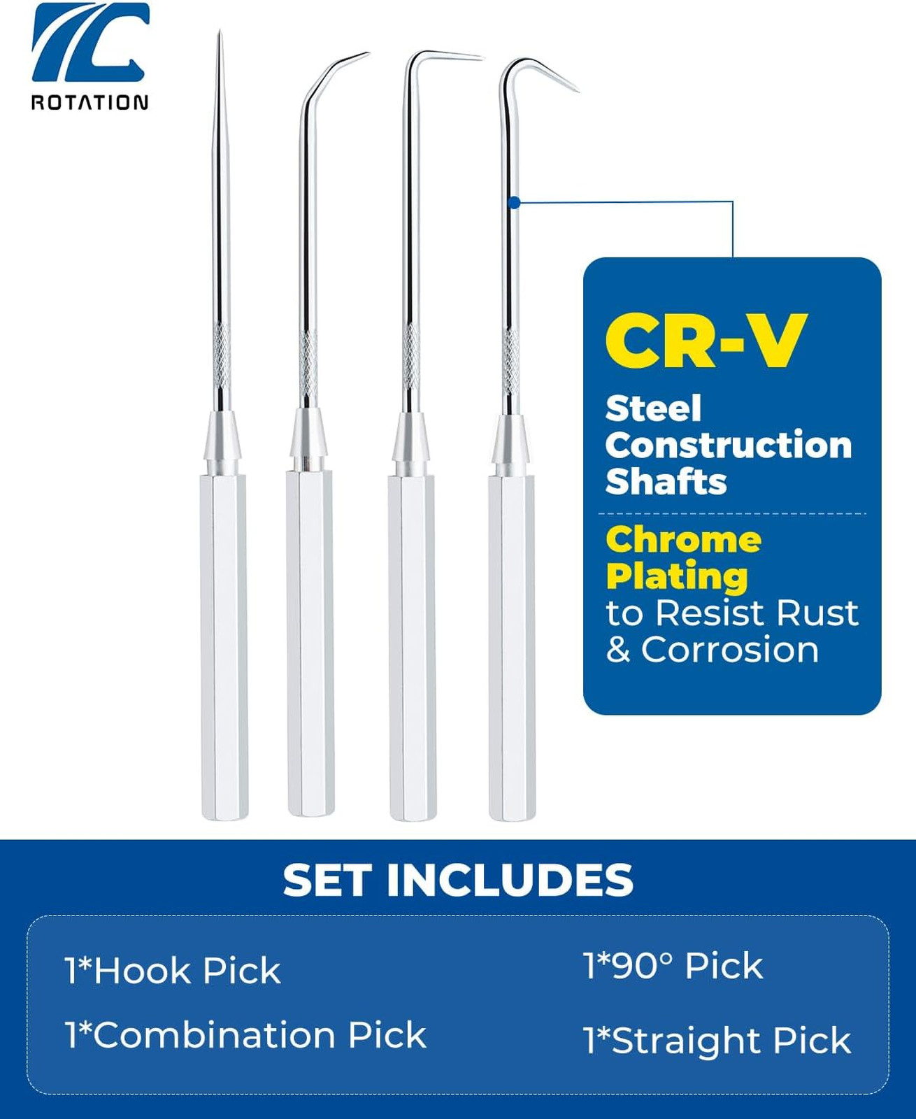 Precision Hook and Pick Set with Aluminum Handles, CR-V Steel Shafts, 4 Pieces