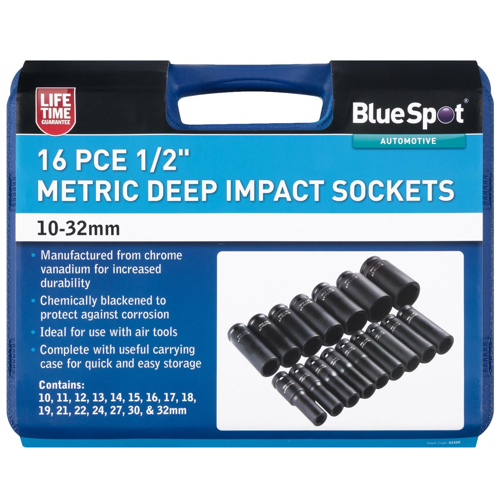 BlueSpot Deep Impact Socket Set 1/2″ Drive 16pc 10-32mm 6 Point Sockets in Case