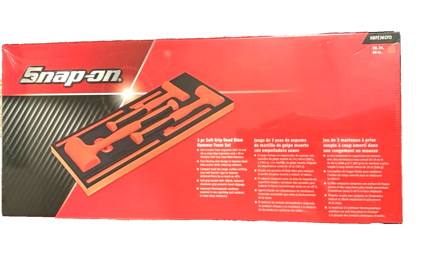 New Snap-on™ HBFE302FO 24 32 48 oz Orange Flat Faced Dead Blow Hammer Foam Set