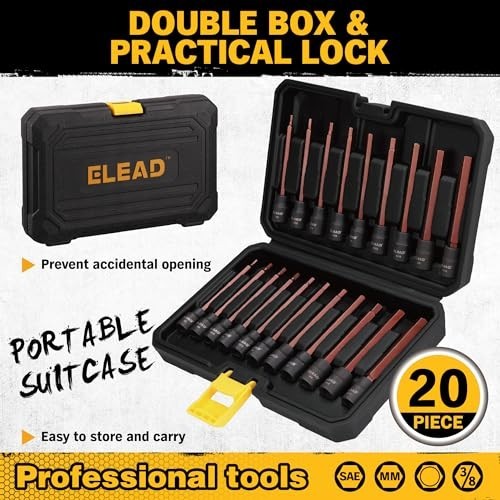 20-Piece Extra-Long Hex Bit Socket Set, 3/8″ Drive, S2 Steel, SAE & Metric Sizes