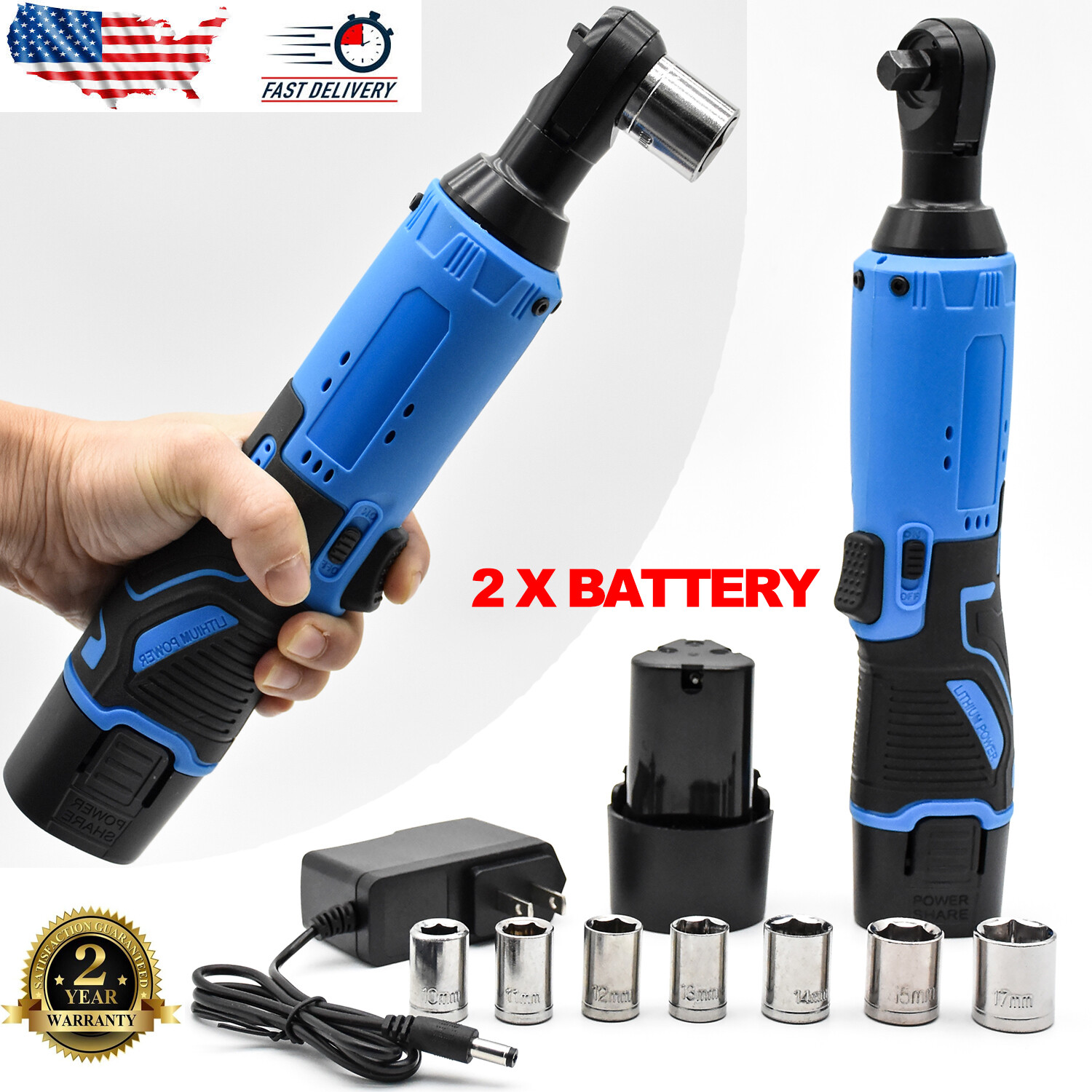 12V 3/8″ Cordless Electric Ratchet Socket impact Wrench Right Angle Battery 60Nm