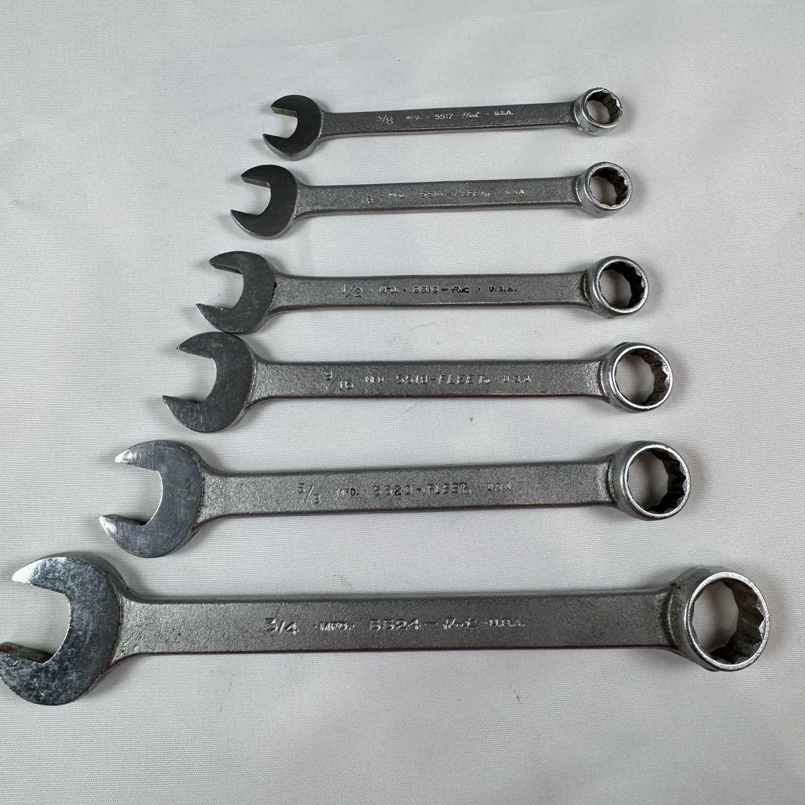 Vintage Set of 6 FLEET Wrenches USA 3/4, 5/8, 9/16, 1/2, 7/16, 3/8