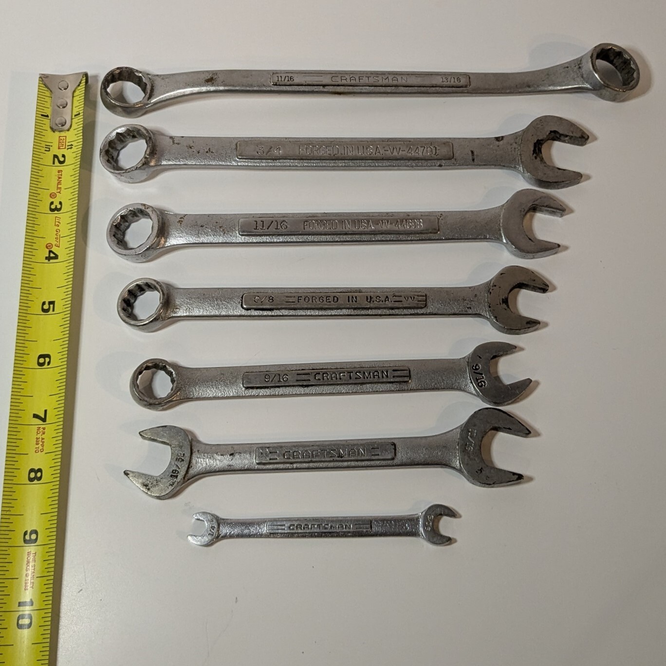 Lot of 7 Vintage Craftsman U.S.A. Wrenches, Various Size Hand Tools, Forged