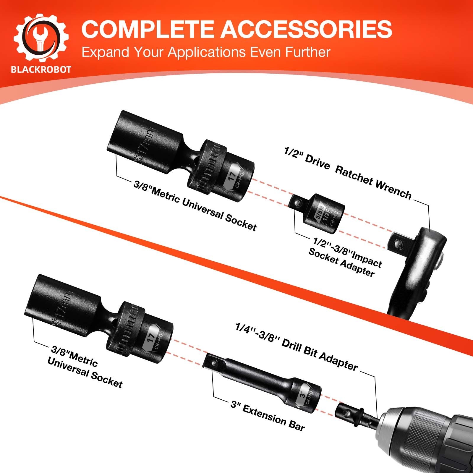 3/8″ Drive Swivel Socket Set, 14-Pcs Metric Size (10-19mm) , Deep Socket Set