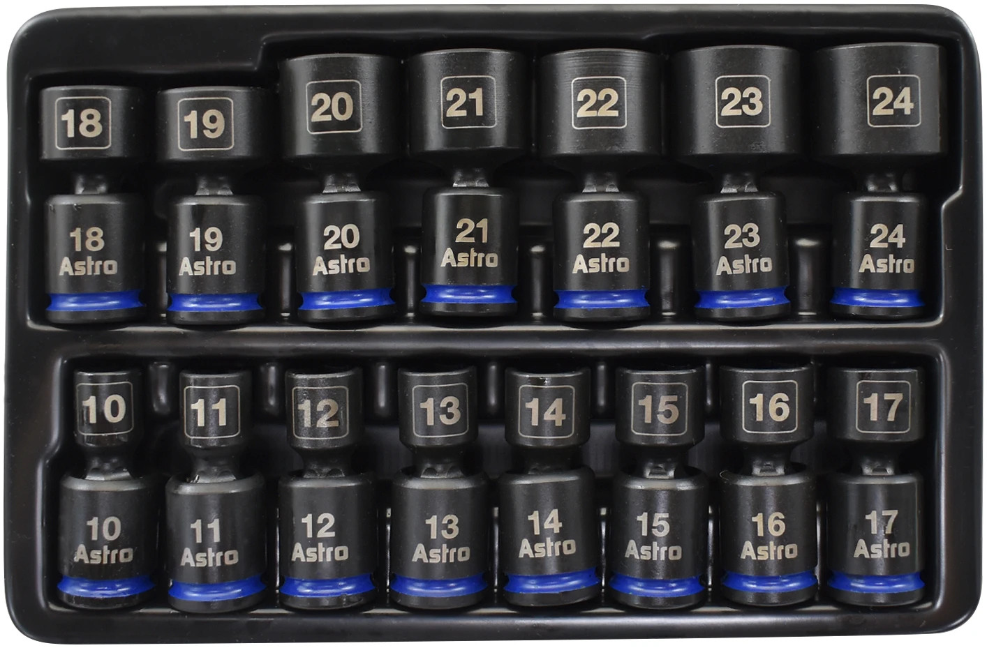 ASTRO 3/8″ Drive 10-24mm Pinless Universal Impact Sockets – No Skips – 15 Pieces