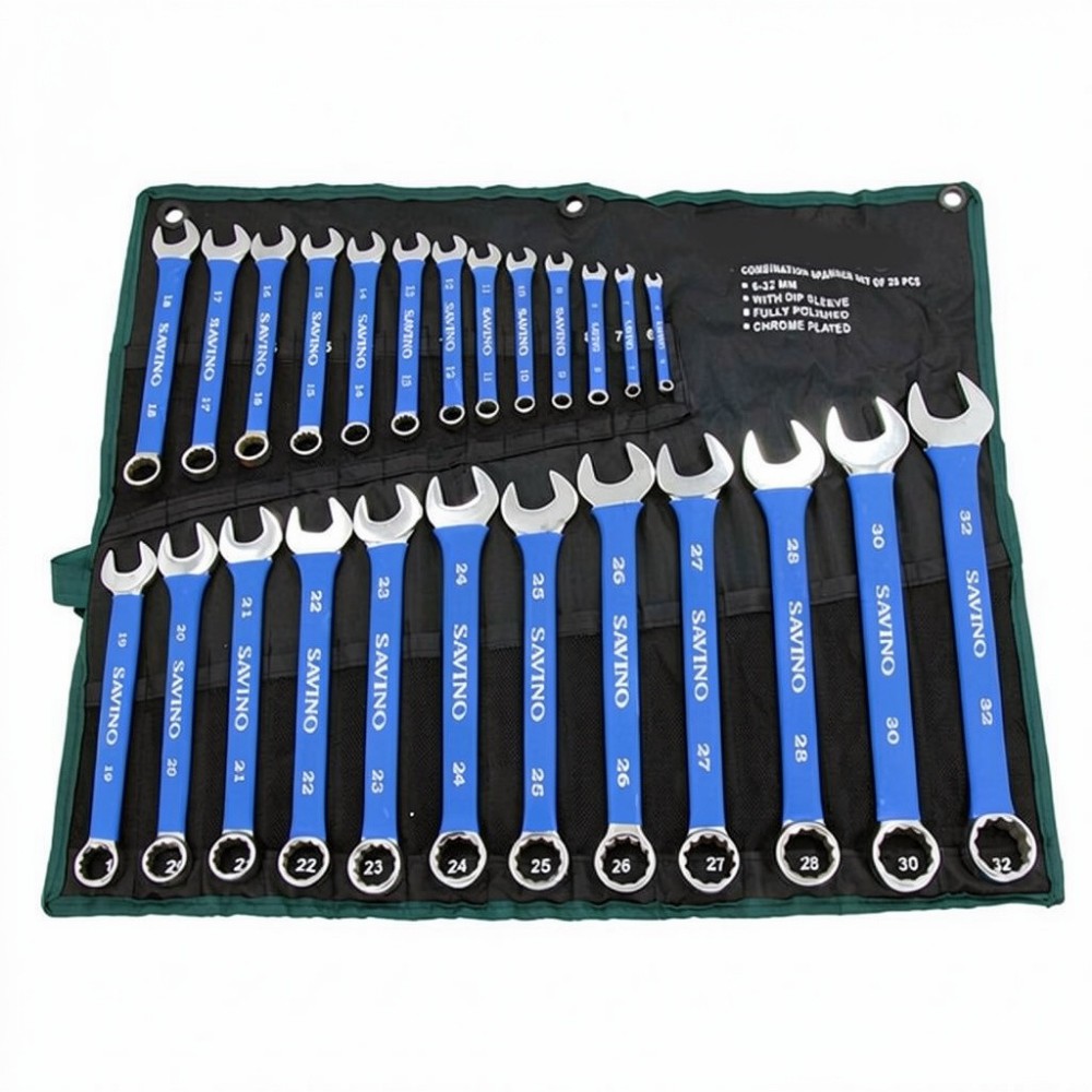 25pc Metric Combination Spanner Set Soft Grip 6-32mm Open End & Ring + Tool Roll
