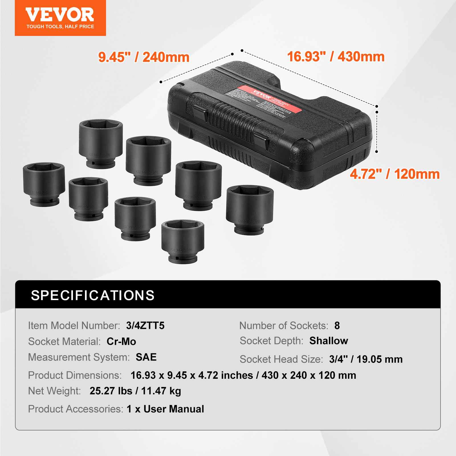 VEVOR Axle Nut Impact Socket Set 3/4″ Drive 6-Point 8PCS SAE Spindle Nut Socket
