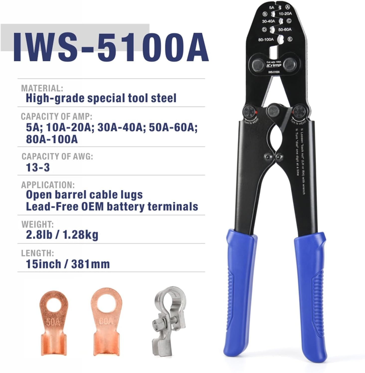 iCrimp Battery Cable Lug Crimping Tool for Open IWS-5100A(5A-100A), Blue
