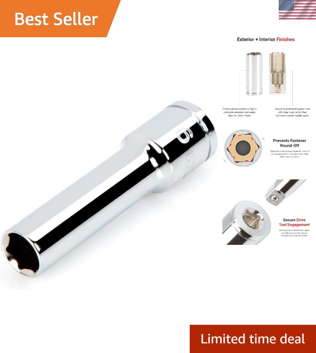 3/8 Inch Drive 9mm Deep 6-Point Socket in Durable Chrome Vanadium Steel