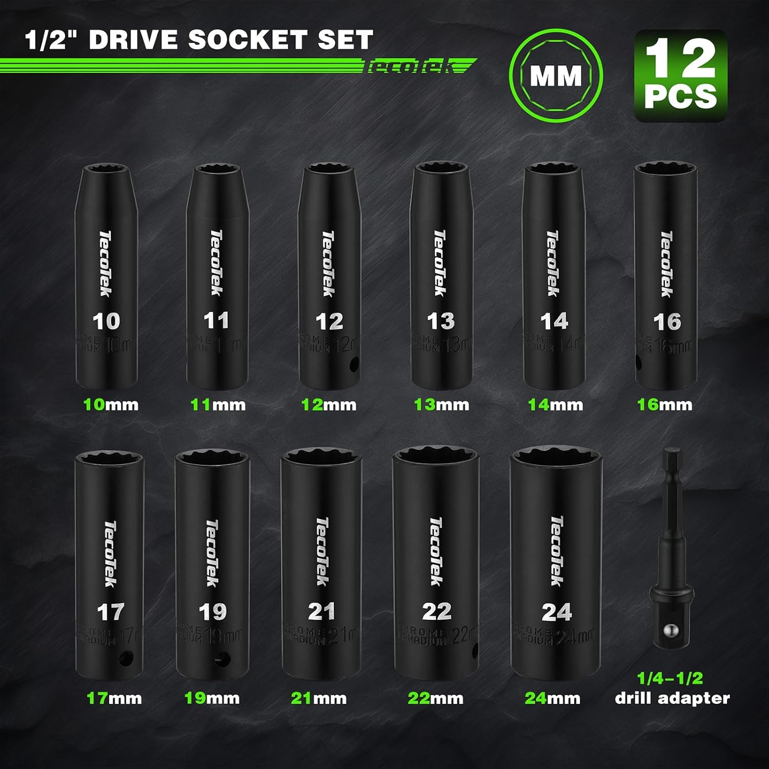 12 Pieces 1/2-Inch Drive Deep 12-Point Metric Impact Socket 10mm-24mm(Deep)