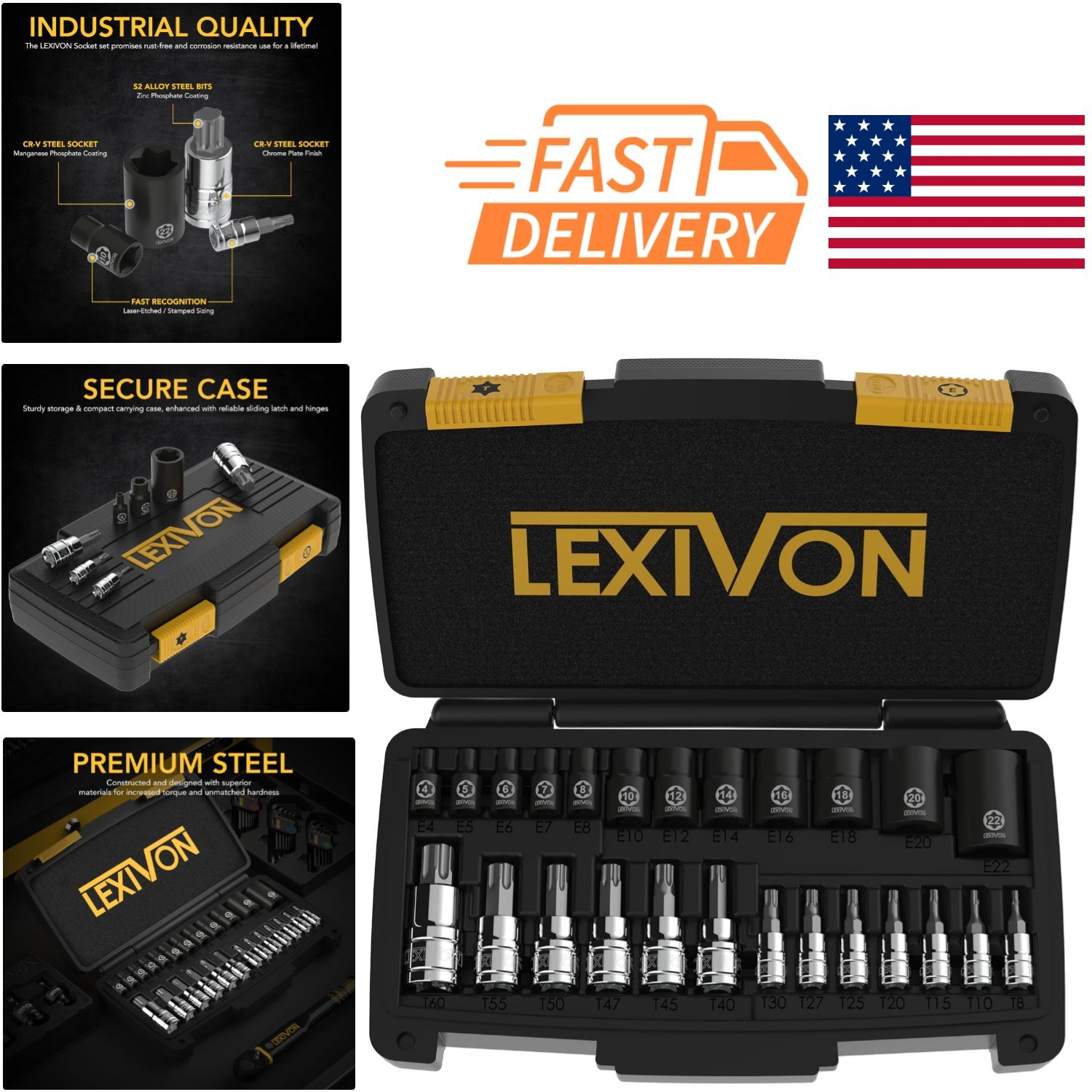 Durable Torx and E-Torx Bit Set 25 Pieces Rust Resistant Storage Case Included